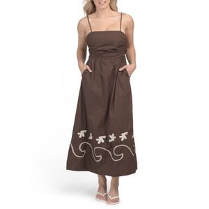 Mon Renn Mystique Waves Midi Dress Brown Embroidered Birds Small Coccoa NWT